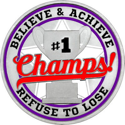 Red "Champs!" with Purple Outer Circular Borders